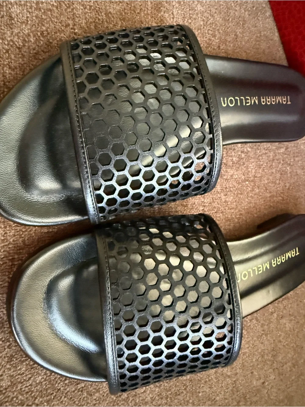 Tamara Mellon Black Perforated Slide Sandals sizes 36.5